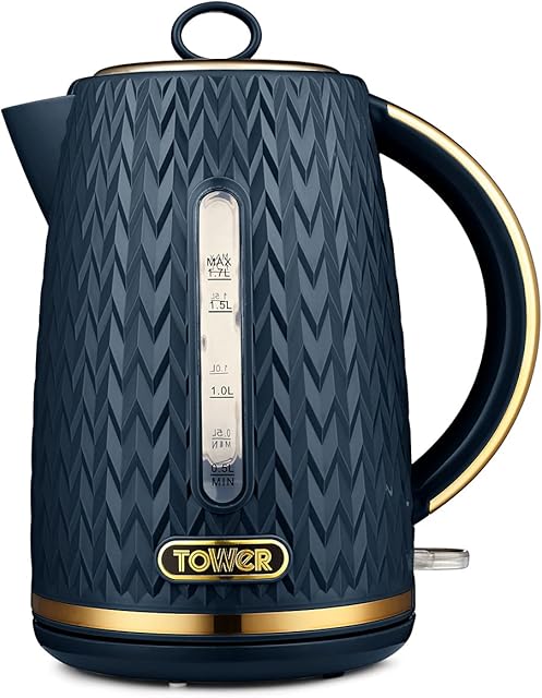 Tower T10052MNB Empire 1.7 Litre Kettle with Rapid Boil, Removable Filter, 3000 W, Midnight Blue with Brass Accents