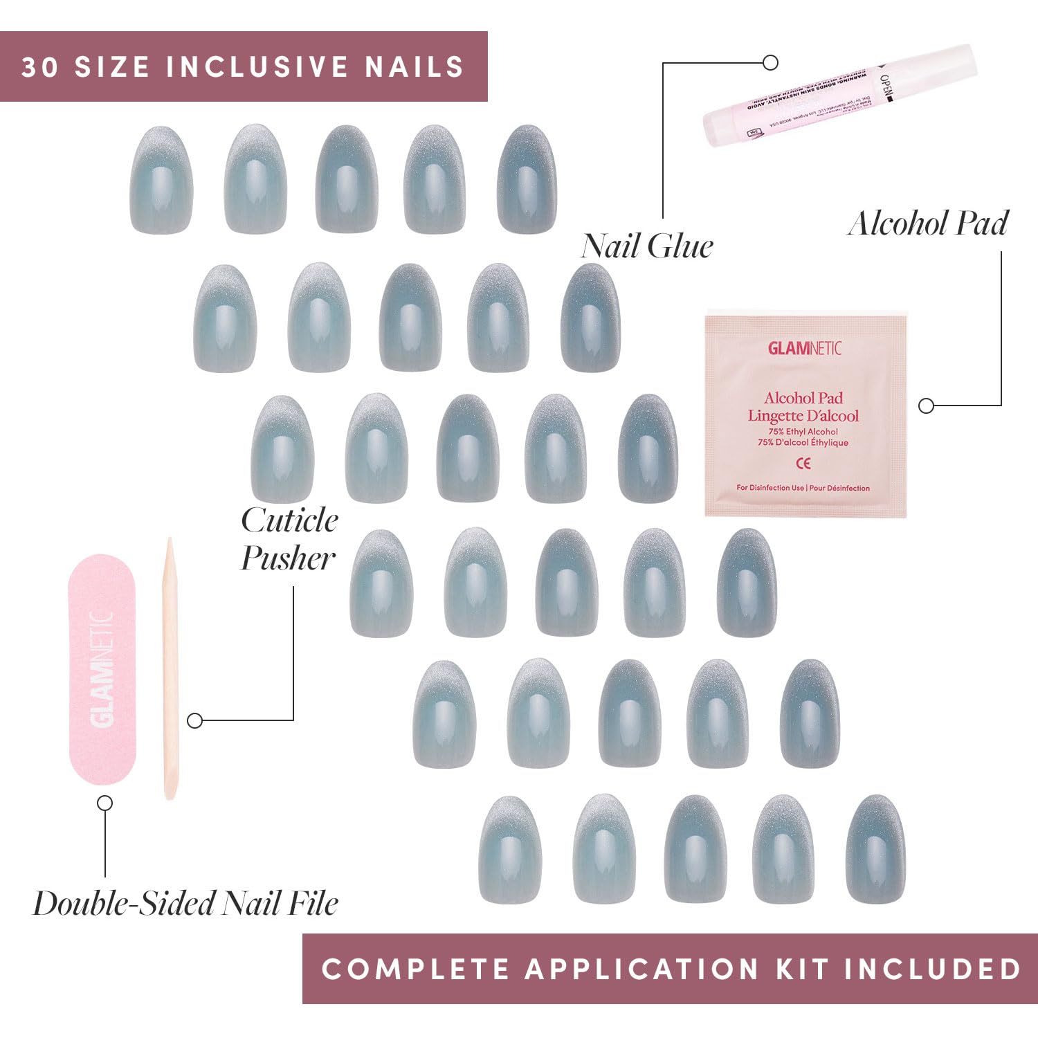 Glamnetic Press-On Nails Bundle - Mint Green, Midnight Blue & Unicorn Tears | Pastel Green Oval Fake Nails | Navy Blue Almond False Nails | Short Oval, Misty-Grey Nails with Metallic Finis