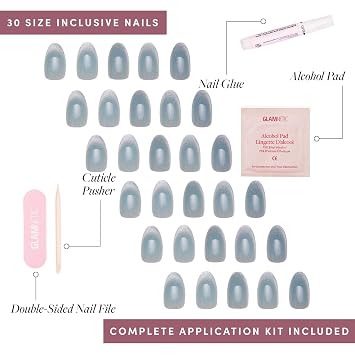 Glamnetic Press-On Nails Bundle - Unicorn Tears & Fairy Dust | Short Oval, Misty-Grey Nails with a Metallic Finish | Short Oval Beige-Pink False Nails with a Metallic Finish | Reusable, Salon-Quality