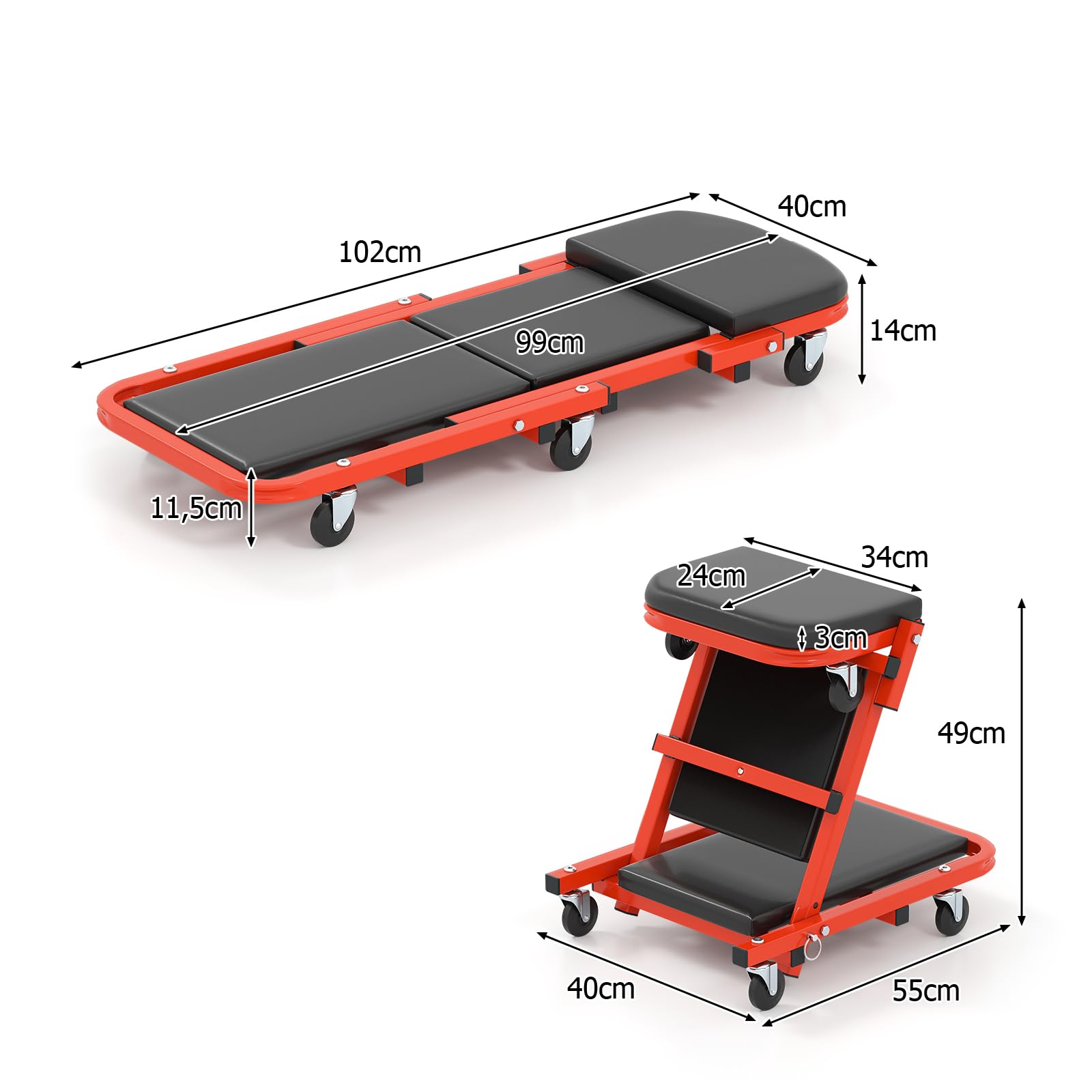 GYMAX Chariot d'Atelier en Forme de Z, Plateau d'Atelier Pliable 2 en 1, Planche de Montage Roulante avec Siège Rembourré et 6 Roues, Fonction Assise et Couchée, pour Réparation Automobile (Noir)