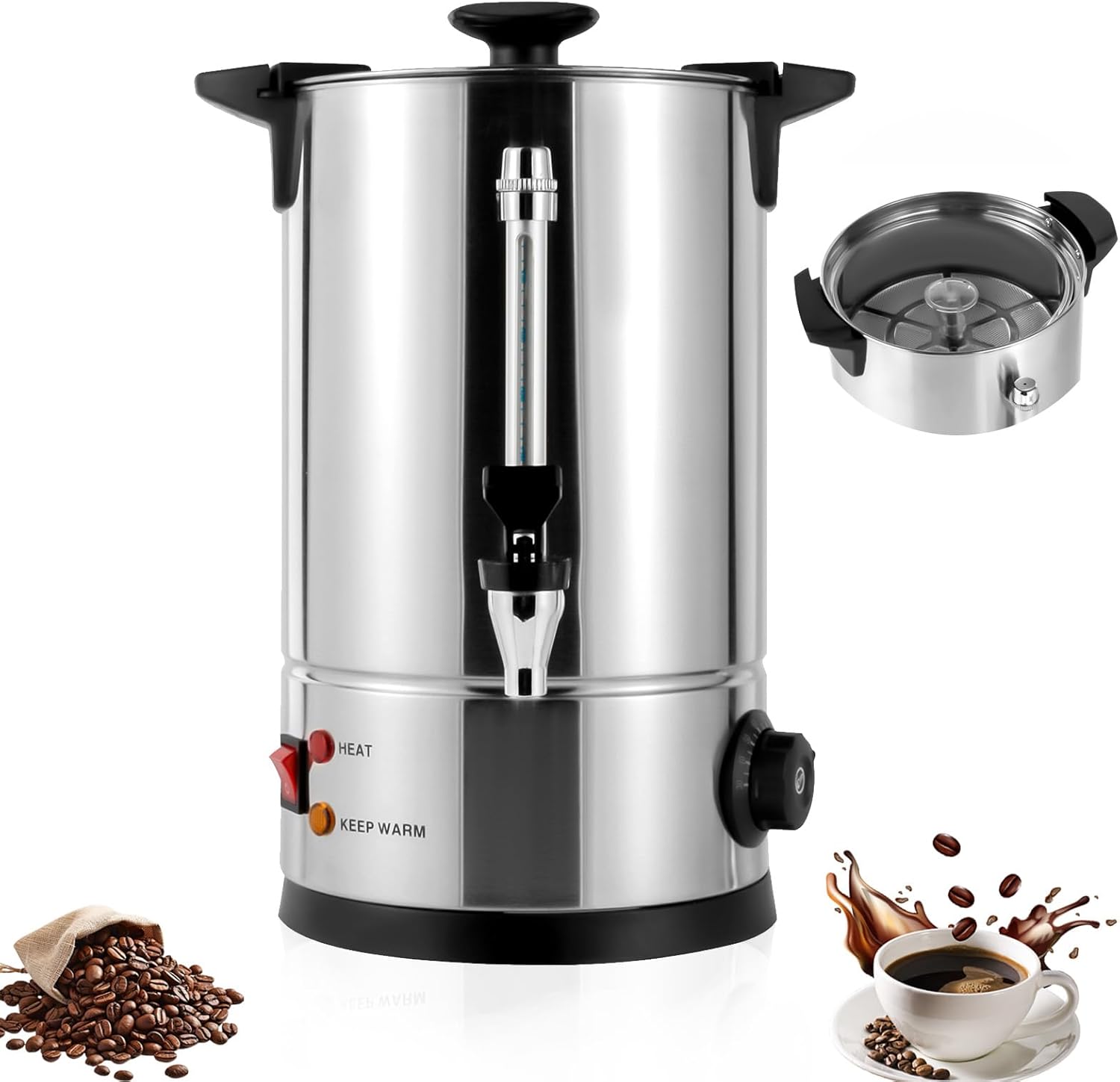 Commercial Coffee Urn 40 Cup Stainless Steel Percolate Maker with Automatic Temperature Control 1KW 6L Large Capacity Coffee Urns Electric Coffee Maker Fast Brewing for Party, Office, Buffet