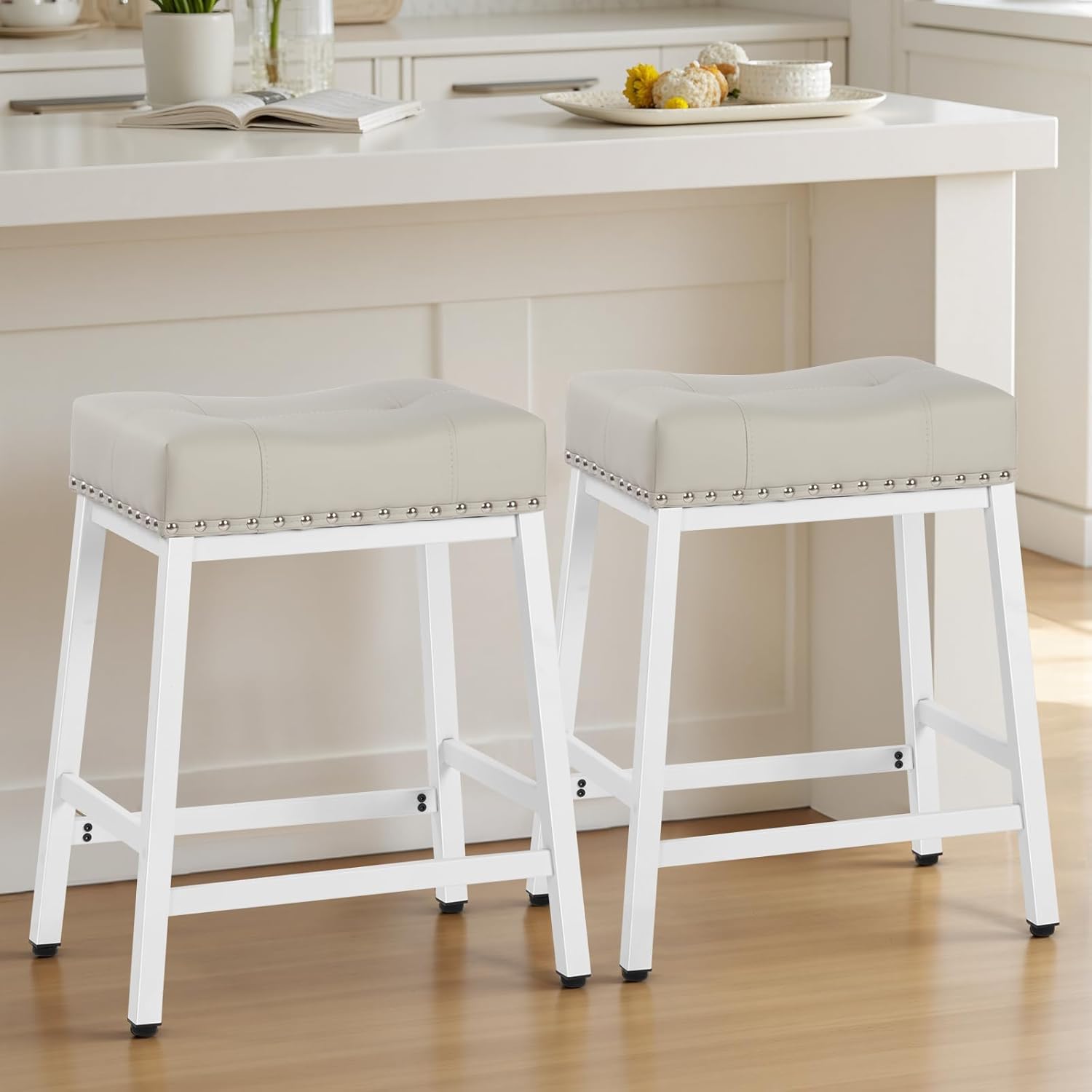 Counter Height Kitchen Island Stools Set of 2, 26" Saddle Barstools with PU Leather Seat with 4.3" Thick Cushion, 400LBS Capacity with Heavy-Duty Metal Frame, Easy Assembly (Gray & White Iron)