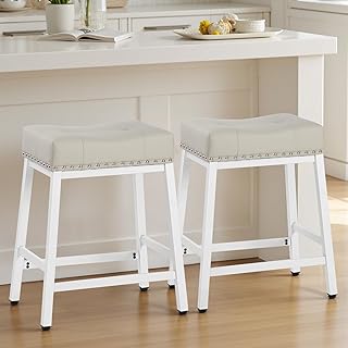 Kitchen Counter Height Island Stools Set of 2, 26" Saddle Barstools with PU Leather Seat with 4.3" Thick Cushion, 400LBS Capacity with Heavy-Duty Metal Frame, Easy Assembly (Gray & White Iron)
