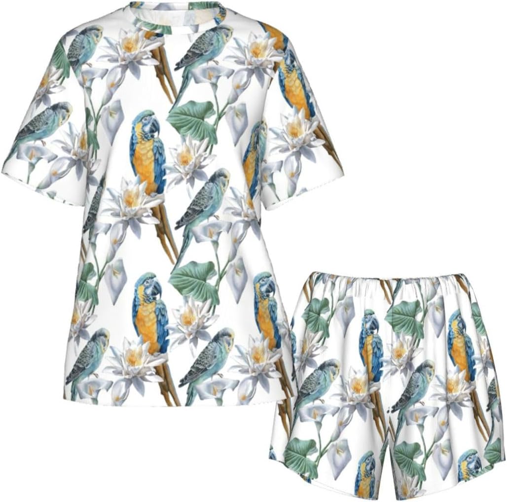 Parrots On Branches Print Cute Short Sleeve Pajama Set For Women Casual Loungewear With Pockets Four Seasons S-3xl