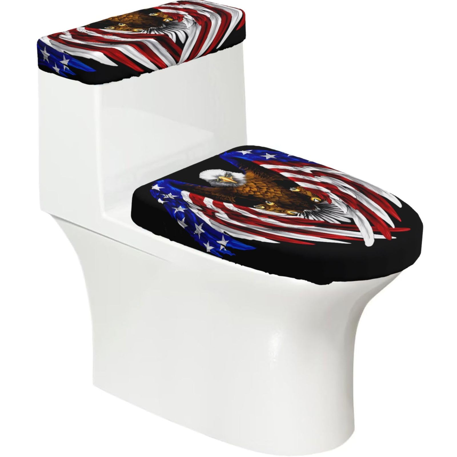 USA Flag Patriotic Eagle 2-Piece Toilet Seat Cover Set with Tank Lid, Elastic Fit for U-Shape & Elongated Toilets, Bathroom Decor, Housewarming Gift