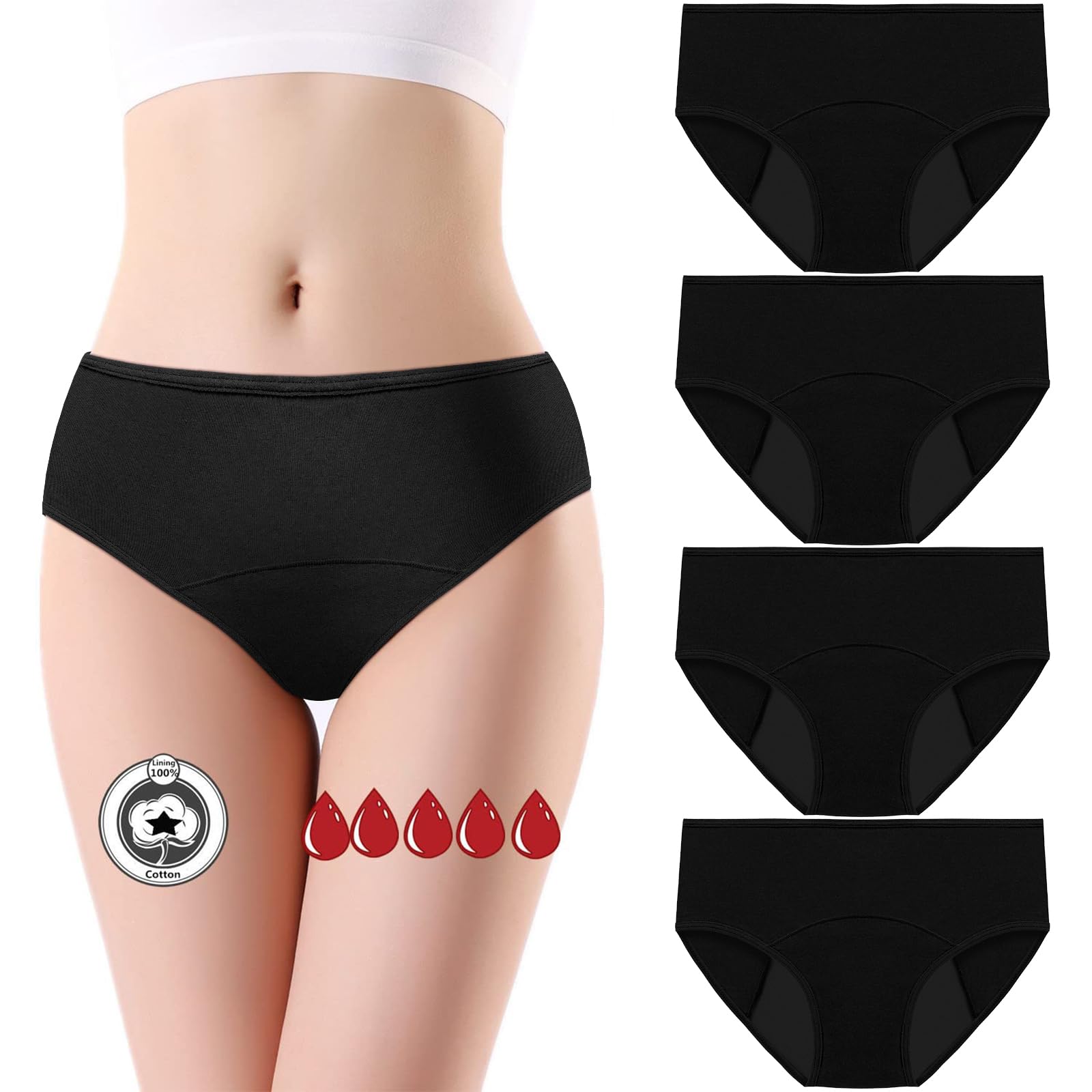 flintronic 4 Pezzi Mutandine Mestruali, Mutandine Assorbenti a Prova di Perdite, Cotone Slip Ciclo Protettive Periodico per Donna, Assorbenti e Riutilizzabili, Anti Perdite Lavabili