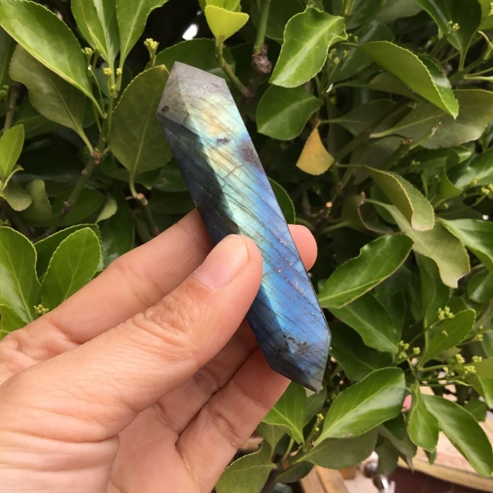 XUQULI 1PC Natural Labradorite crystal Double Terminated points Gemstone Points Healing Hexagonal Wand Home Decor Healing Chakra Stones