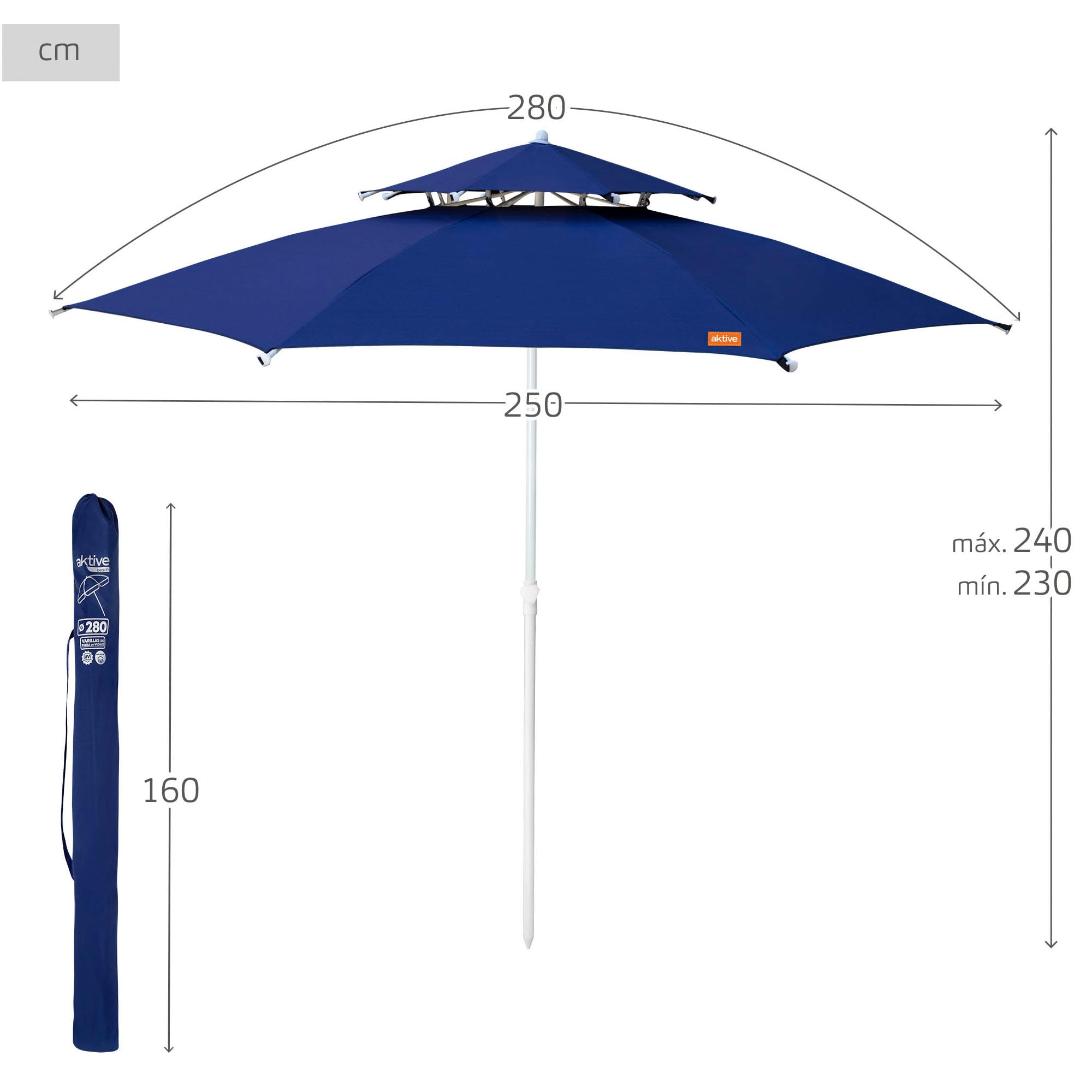 AKTIVE Sombrilla de playa antiviento, 280 cm, Azul marino, Tejido poliéster, Protección UV30, Mástil metal regulable, Techo con ventilación, 8 varillas fibra vidrio, Funda transporte con asa (53848)
