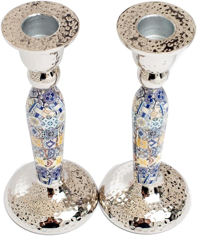 Yair Emanuel Modern Pillar Candle Holders 6.5 Inch | Shabbat Candlestick Holders | Colorful and Intricate Design Set of Two Judcaia Gift (Multicolor Geometric CSV-3)