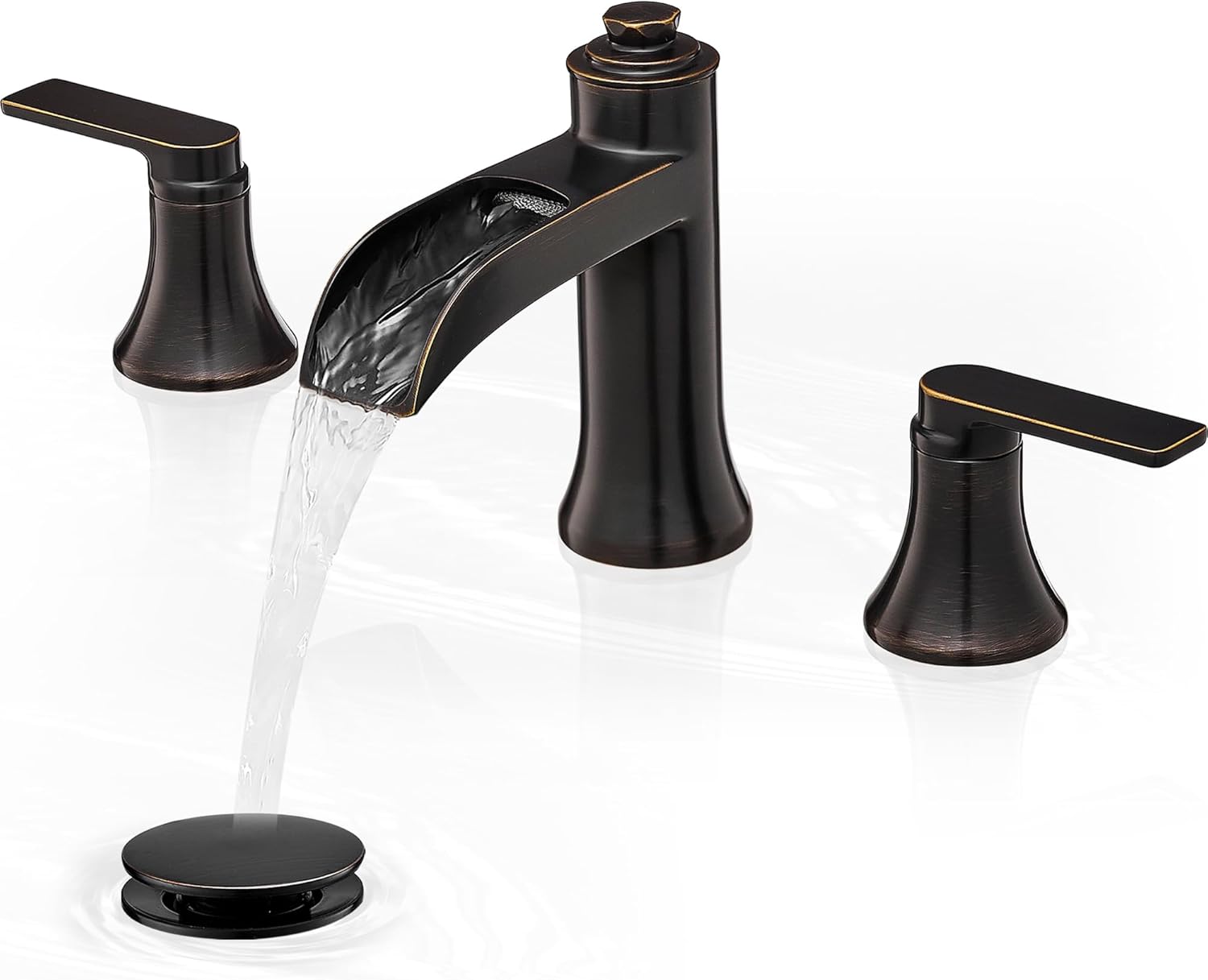 Waterfall Bathroom Faucets 3 Hole, 8 Inch Brass Oil Rubbed Bronze Bathroom Faucet, 2 Handles Bathroom Sink Faucet, Widespread Faucet for Bathroom Sink with Pop-up Drain & Hose