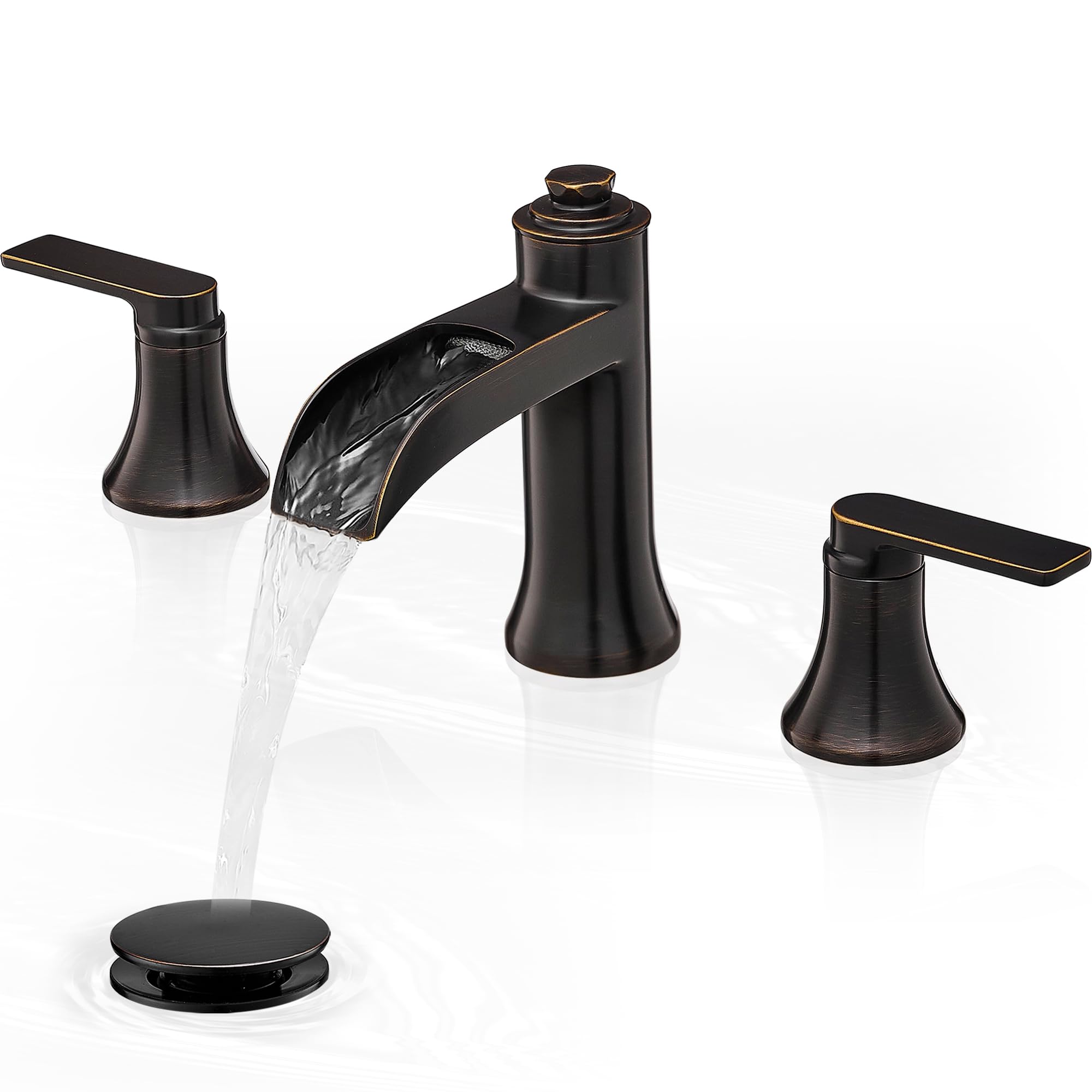 Waterfall Bathroom Faucets 3 Hole, 8 Inch Brass Oil Rubbed Bronze Bathroom Faucet, 2 Handles Bathroom Sink Faucet, Widespread Faucet for Bathroom Sink with Pop-up Drain &amp; Hose