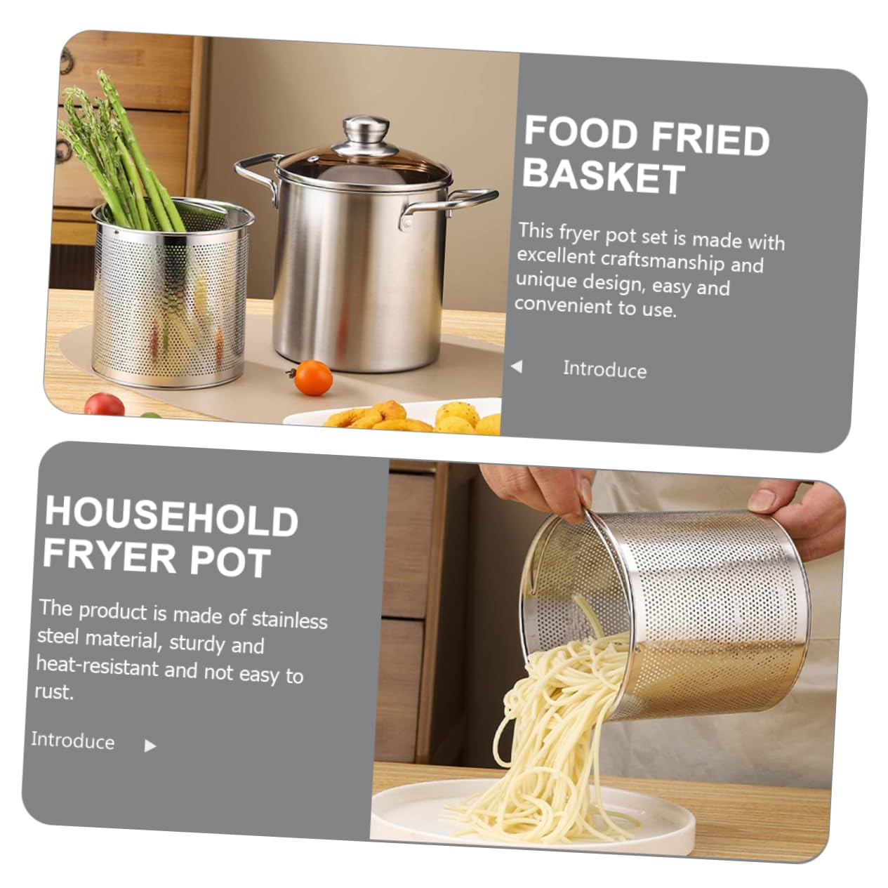 OUNONA Deep Frying Basket Lid 304 Stainless Steel Fryer Pot Basket Set Heat-resistant Handle for Home Restaurant