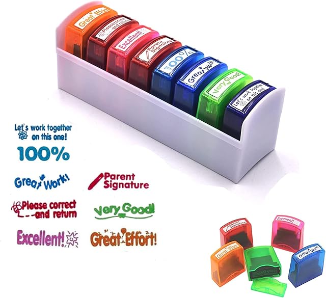 Hmseng Self-Inking Teacher Stamp Set (8PCS) for Grading Classroom Teachers Review Homework Feedback Parents Signature Colorful Business Stamps