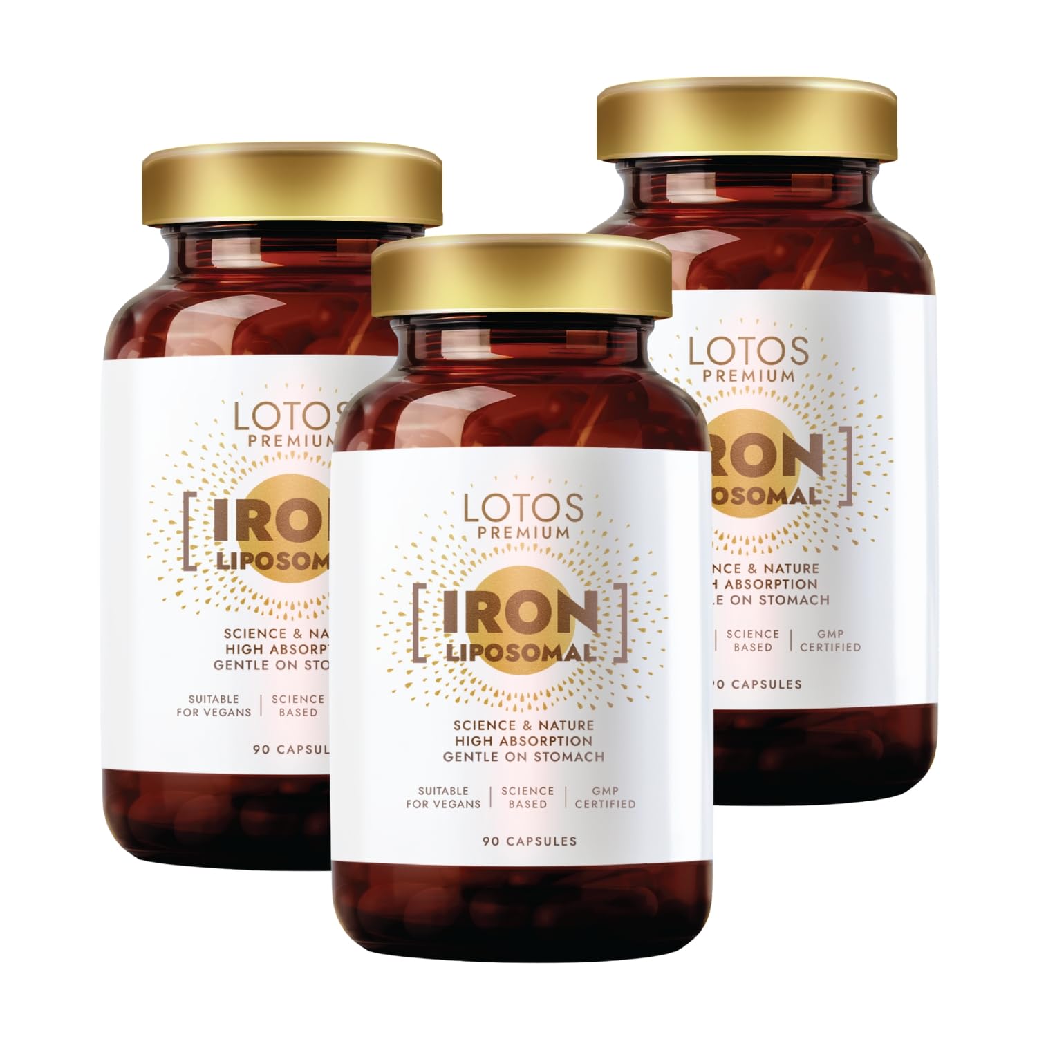 Eisen mit Vitamin B12 - Vegane Eisen - Mit liposomaler Technologie für optimale Vitaminaufnahme - 90 Kapseln 3er Pack - Lotos Premium-Linie, hergestellt nach GMP-Qualitätsstandards