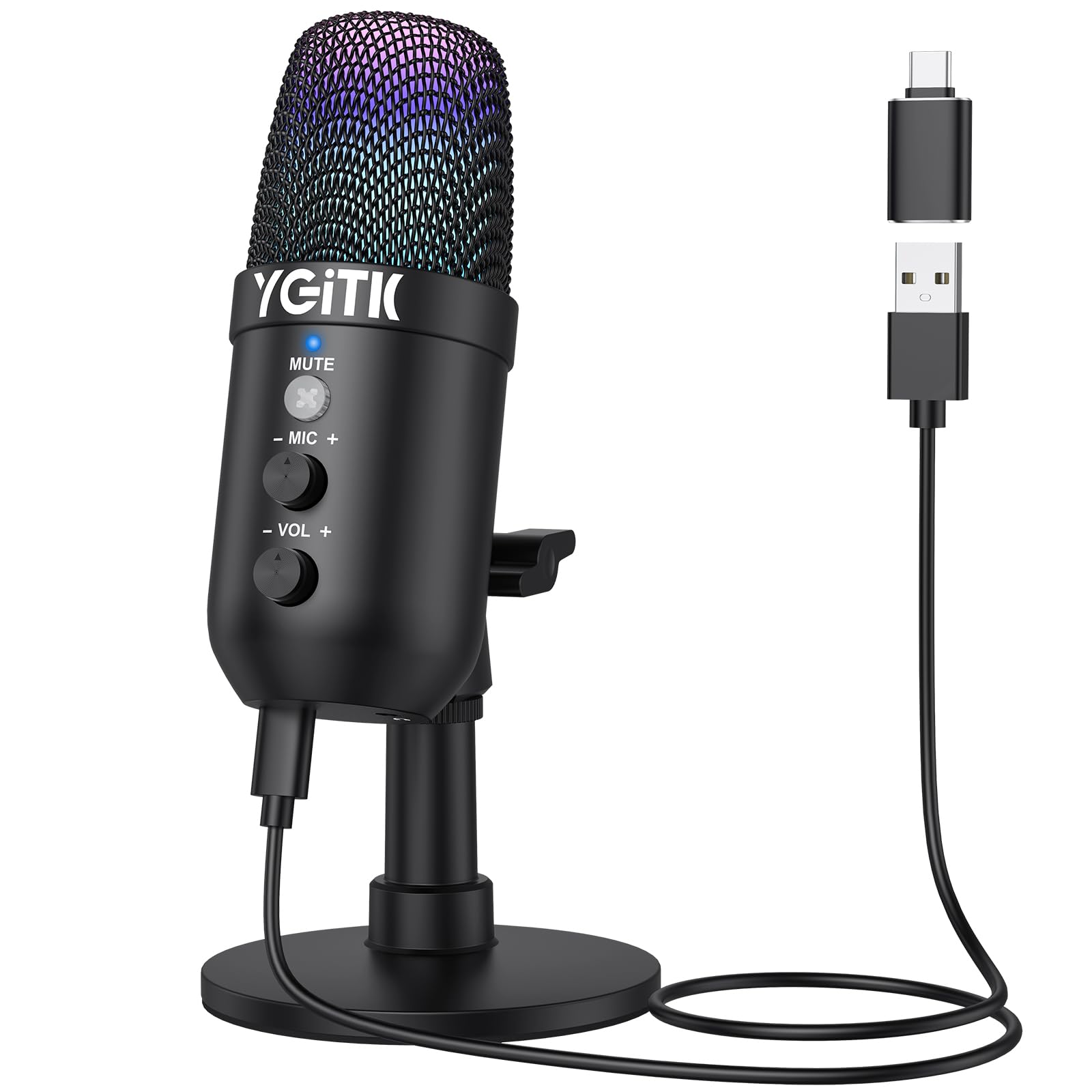 Micrófono USB，Microfono PC Gaming RGB,Reducción Inteligente del Ruido con Audio de 3.5 mm Plug & Play para PC Teléfonos, Canto, Youtube,Facebook TIK Tok Compatible con Mac, Windows