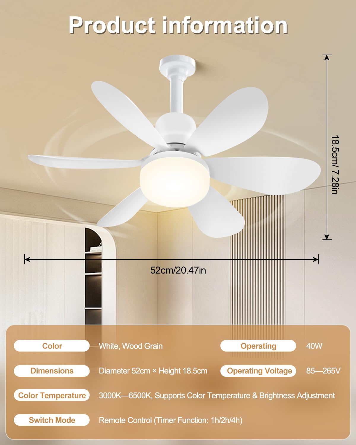 Ulikey Ventilatore da Soffitto con Luce, 12 Pale Plafoniera Soffitto (6 Bianco +6 Legno), 52CM LED Dimmerabile Ventola Soffitto, con Base E27, 3 Velocità, Silenziosa, per Soggiorno, Lamera da Letto