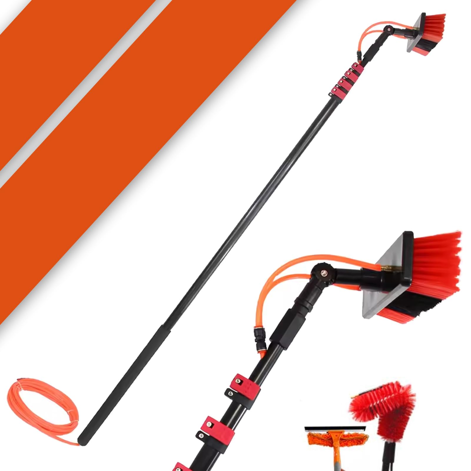 Cepillo Escoba Extensible Agua a Presión, Limpiador de Ventanas, Paredes y Coches, Limpiador Panel Solar, Hidrolimpiadora con Accesorios Extra (7 Metros)