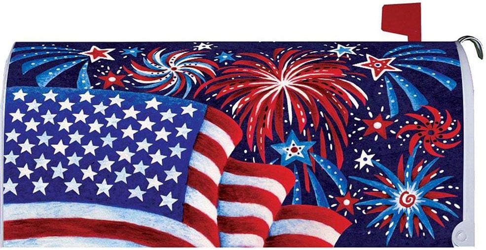 CUSTOM DECOR, INC. Fireworks and Flag USA - Mailbox Makeover - Vinyl with Magnetic Strips for Steel Standard Rural Mailbox - Made in The USA - Copyright, Licensed and Trademarked