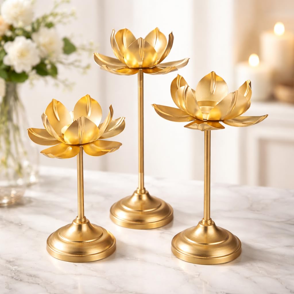 AGAAS Enterprises Beautiful Golden Metal Lotus Shape Tealight Candle Holder for Festival Diwali Home Decoration Table Diya Center Pices Decorative Items for Living Room Set of 3 Big Size-image-23