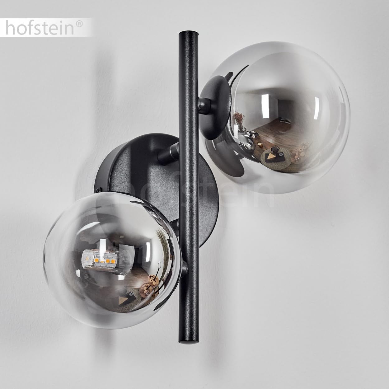 Wandleuchte Chehalis, moderne Wandlampe aus Metall/Glas in Schwarz/Rauchfarben/Klar, Leuchte im Retro/Vintage-Design mit Schirmen aus Glas (Ø 10 cm, 12cm), 2 x G9, ohne Leuchtmittel