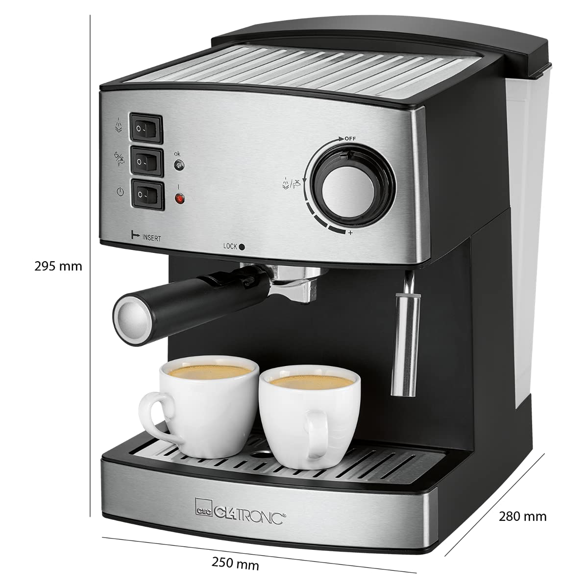 Clatronic® Espressomaschine | kleine Kaffeemaschine | 15 bar Pumpdruck | 1,6 Liter transparenter Wassertank (abnehmbar) | 2 Edelstahldüse mit Aufschäum- und Heißwasserfunktion | 850 Watt | ES 3643