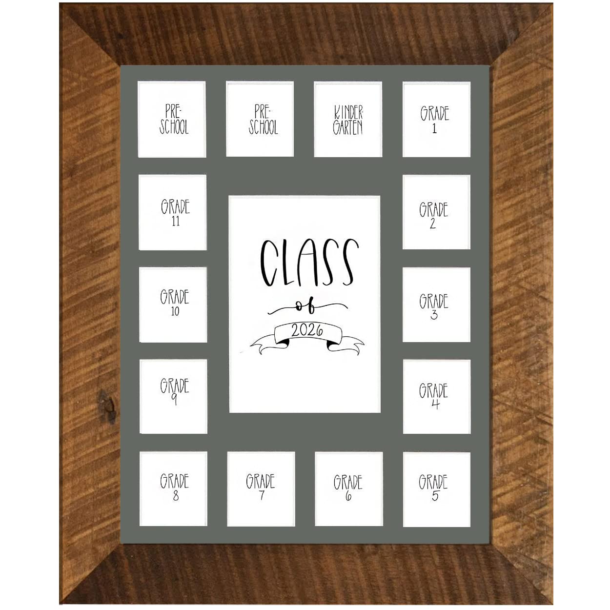 Rustic Red Door Co. School Years Reclaimed Wood Picture Frame with Mat - 11x14 Wooden Framed 15 Photo Collage Mat Pre-School &amp; Kindergarten to 12th Grade (Class of 2026, Grey)