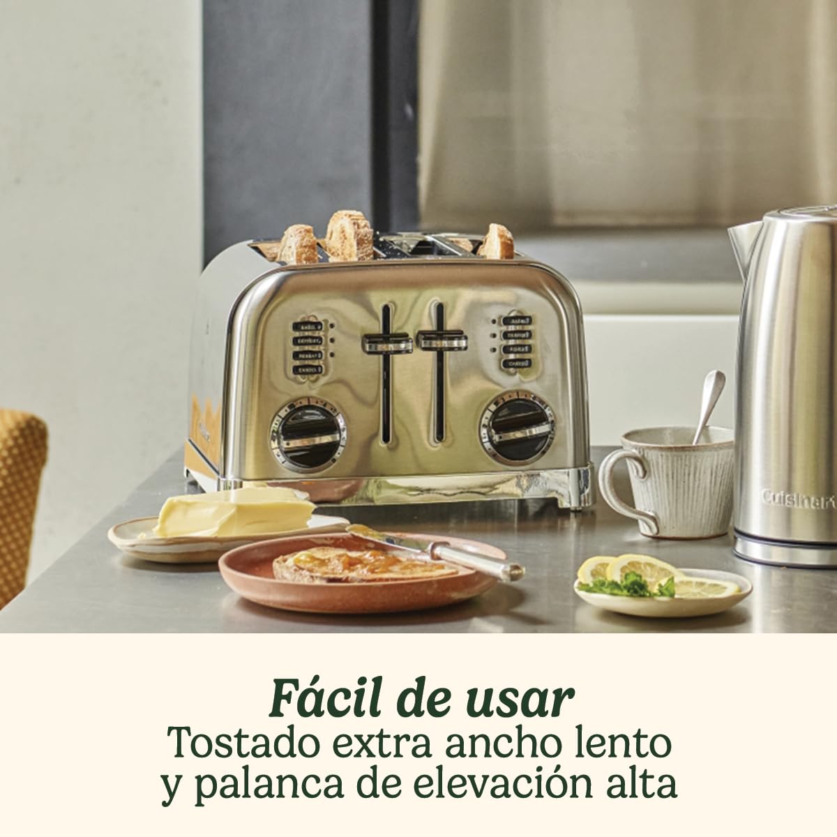 Cuisinart CPT180PIE Tostadora de 4 Ranuras Anchas para Todo Tipo de Pan, 6 Niveles de Tostado, 1800W, Función Bagel, Descongelar y Recalentar, Rejilla de Centrado Automático, Palanca de Elevación