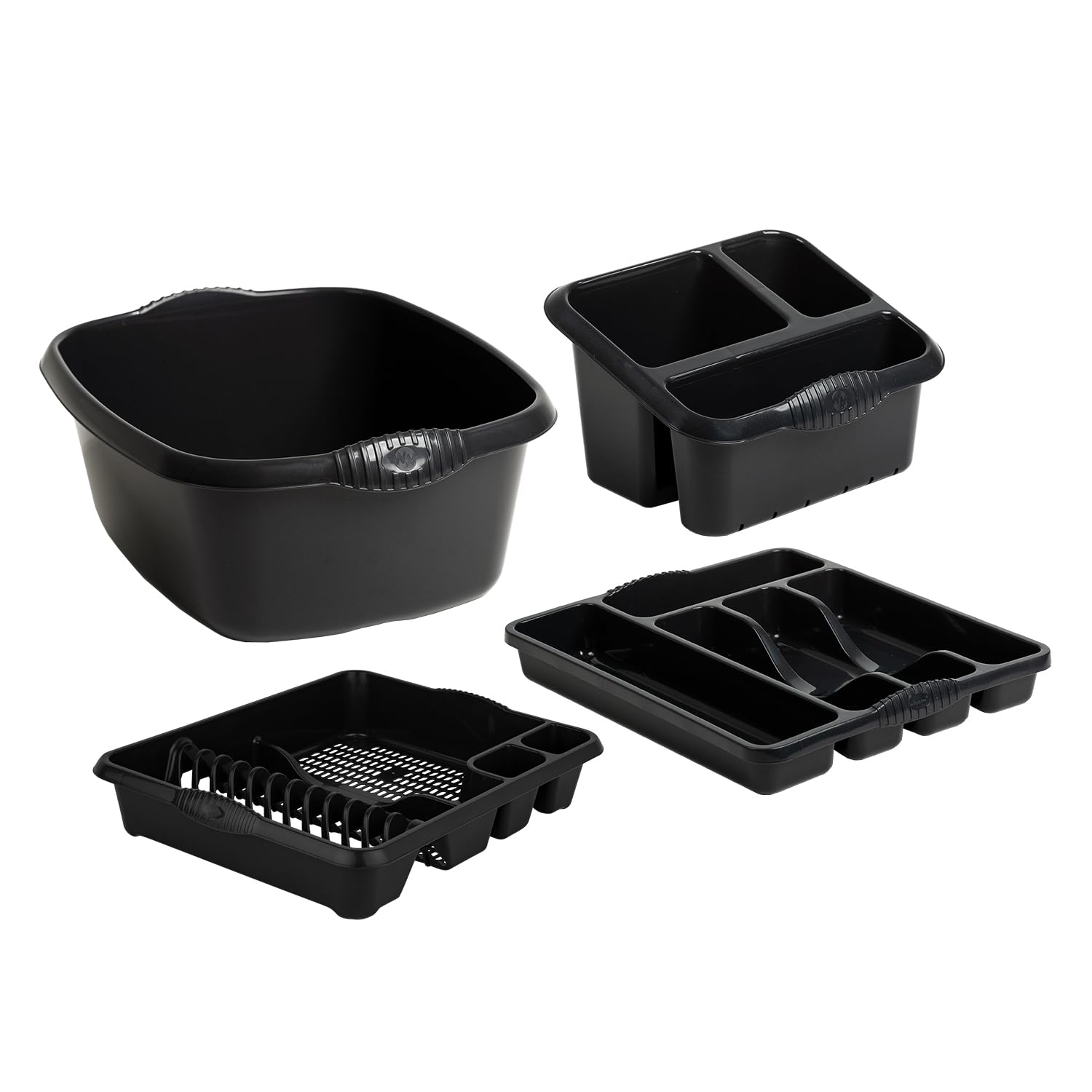 M1ss Midnight Greyish (Set Of 4) - Plastic Large Kitchen Sink 39 Cm Rectangular Washing Up Bowl, Sink Tidy, Large Dish Drainer And 5 Compartment Cutlery Tray (Midnight Greyish)