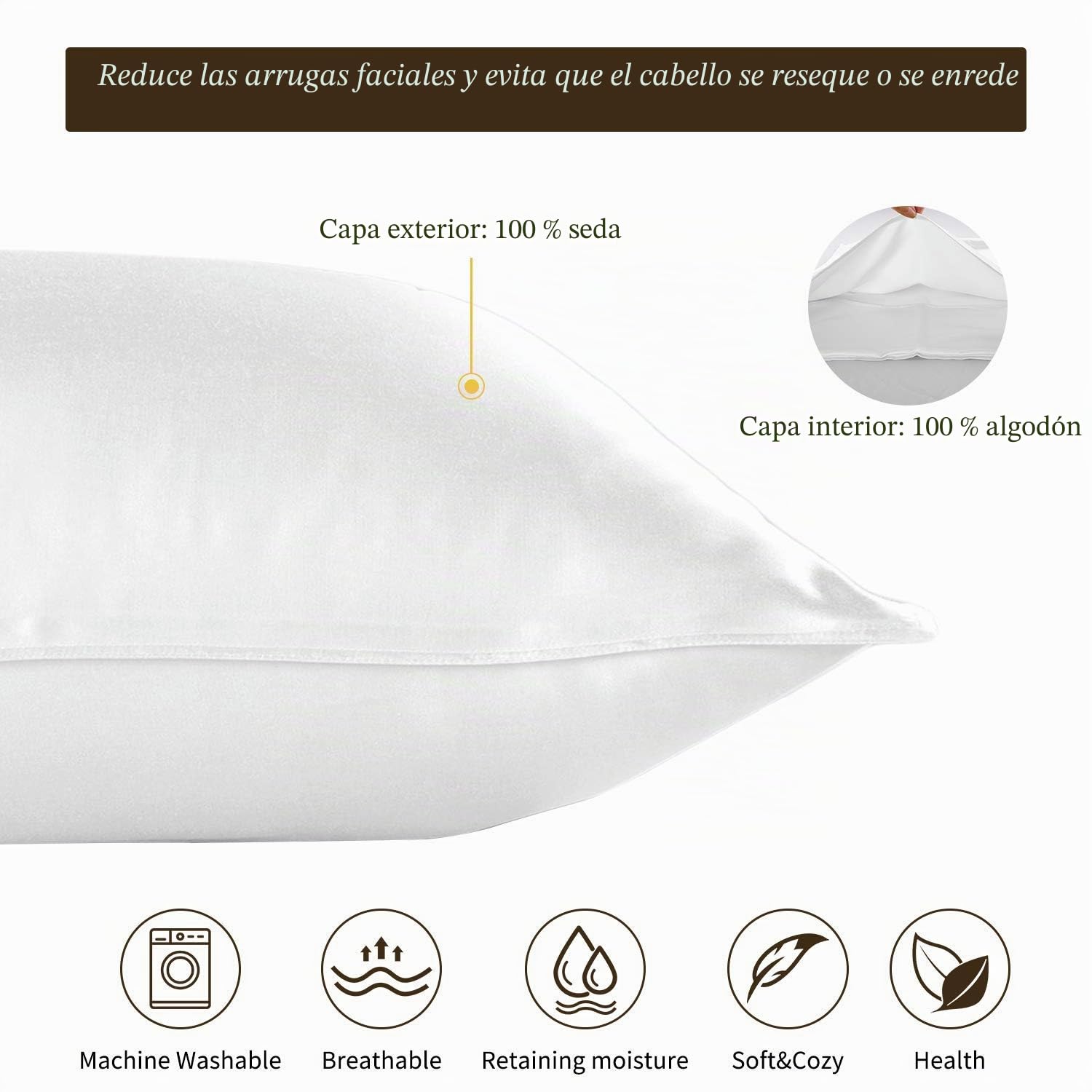 Fundas de Almohada de Seda 100% Morera Natural 20 Momme, Suaves y Cuidado de la Cabello Funda de Almohada de Seda 2 Piezas Blanco (50 * 90cm)