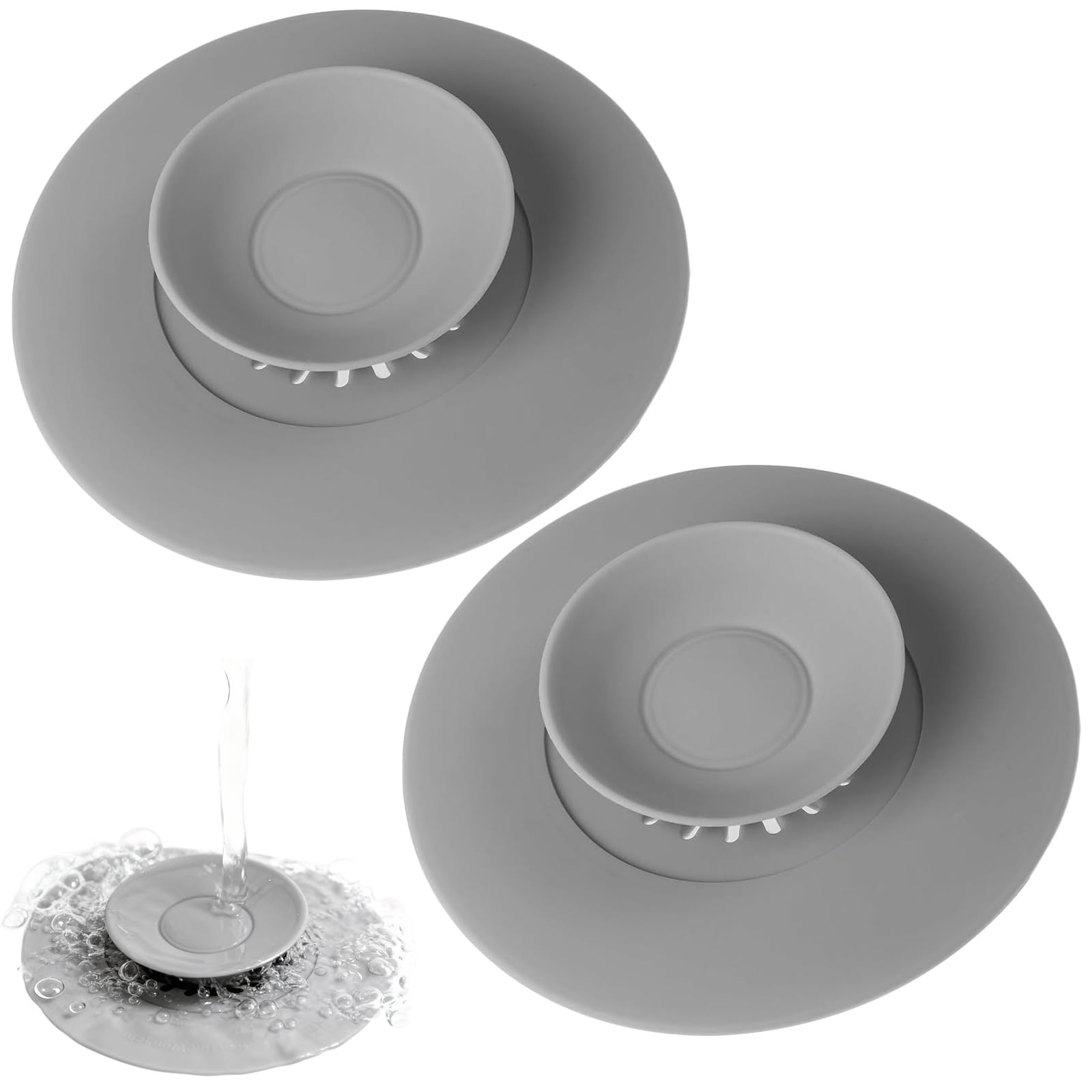 2 Pack Press-Type Drain Covers with Hair Catcher, Grey Silicone Universal Bath Plug & Sink Plug Set, Anti-Clog Anti-Leak Drain Stoppers for Bathtubs, Bathroom Sinks & Kitchen Drains