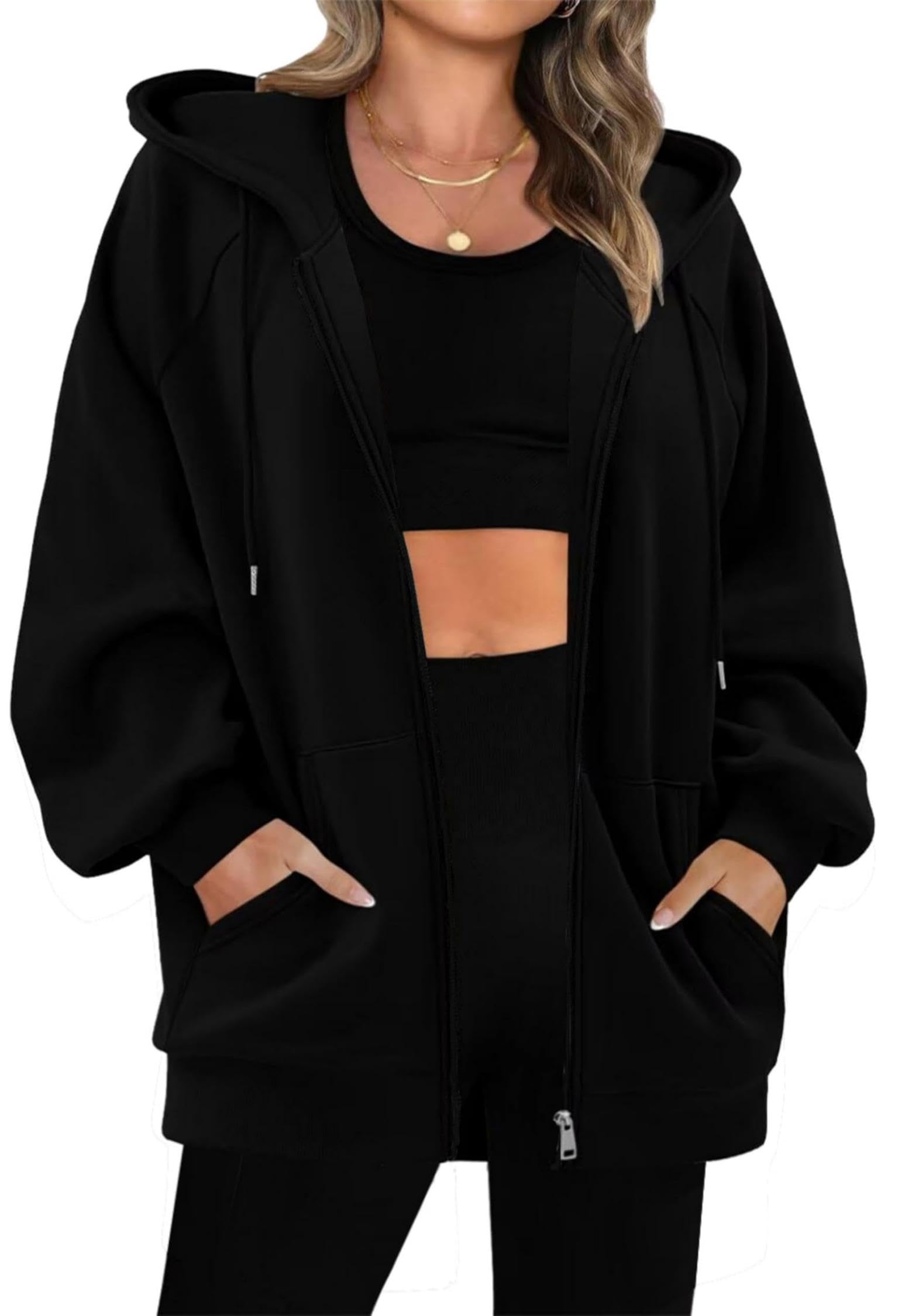 Timuspo Zipper Hoodie Damen Langarm Kapuzenjacke Sweatjacke Oversize Reißverschluss Fleece Sweatshirt Einfarbig Herbst Jacken Y2k Kapuzenpullover