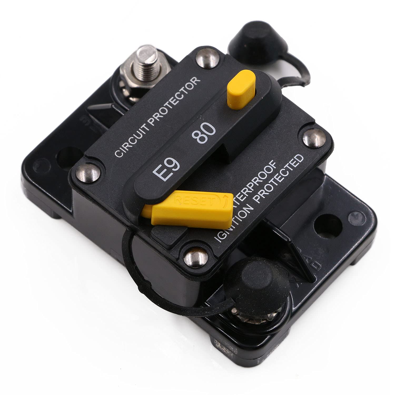 Manual Reset Circuit Breaker 12V-48V 80A Resettable Automotive Fuse 12 Volt 24V DC for Car Audio RV Truck Solar PV Storage System Boat Marine 80 Amp, IP67 Waterproof, UL, Overload Protection