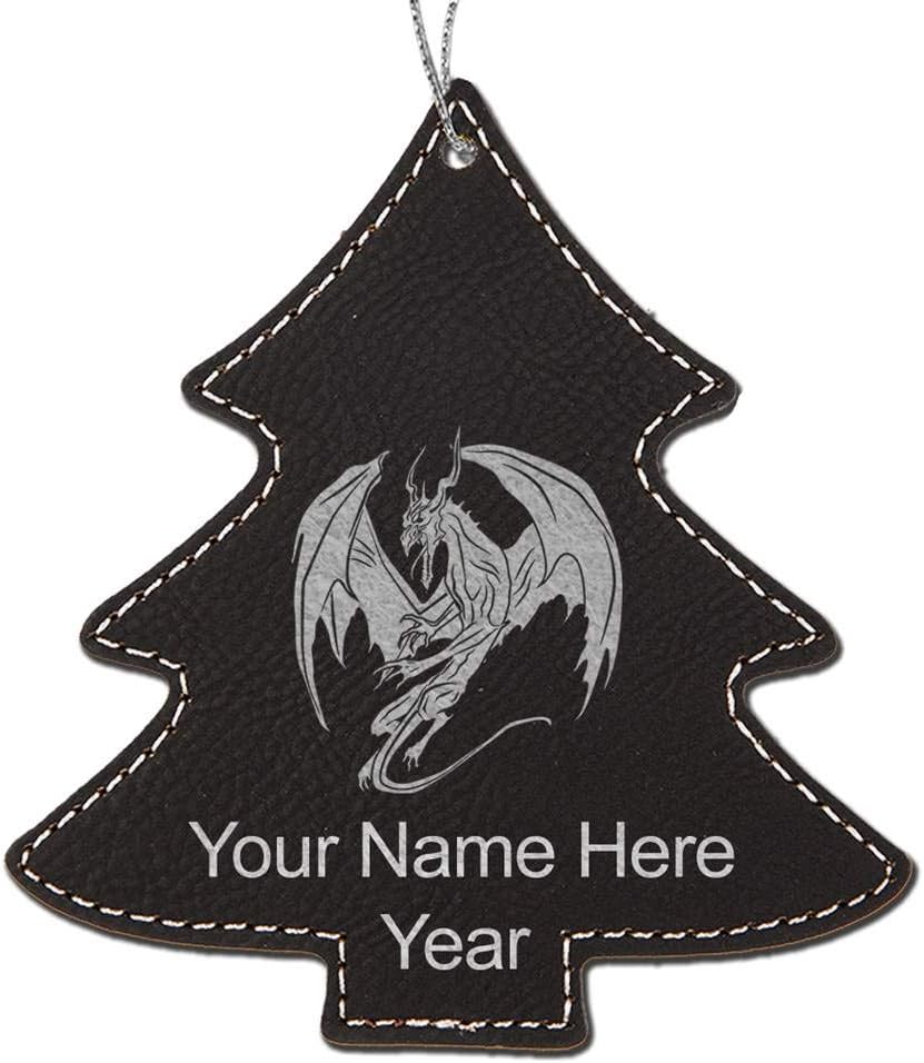 LaserGram Personalized Christmas Ornament, Dragon, Faux Leather, Custom Laser Engraved Gift Idea (Tree Shape, Black with Silver)