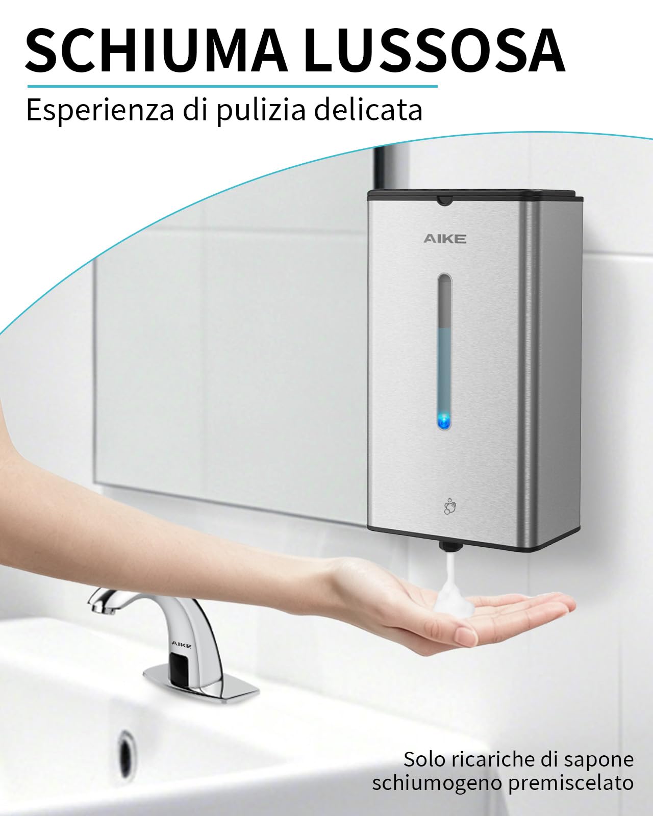AIKE Dispenser Sapone Schiuma Automatico, A Parete Per Uso Commerciale, 1000ML Acciaio Inossidabile Per Sapone Mani Schiumogeno, AK1207FA