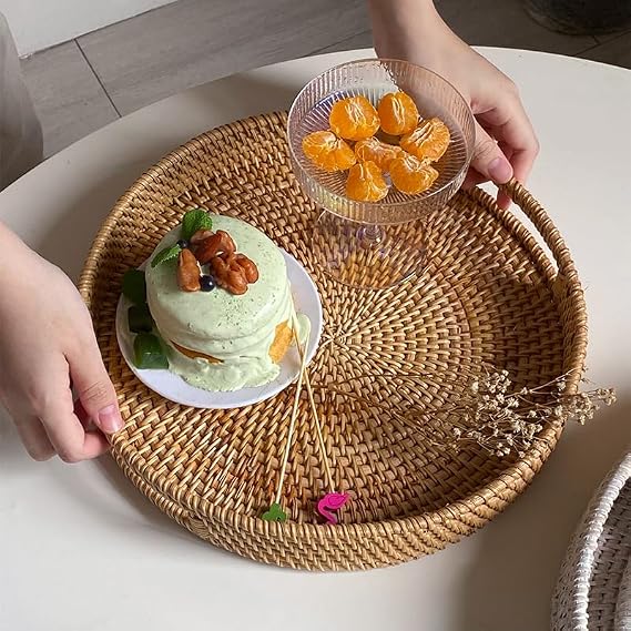 Handmade Round Rattan Wicker Serving Tray with Handles (Natural, 30 cms)