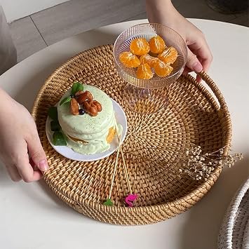 Handmade Round Rattan Wicker Serving Tray with Handles (Natural, 30 cms)