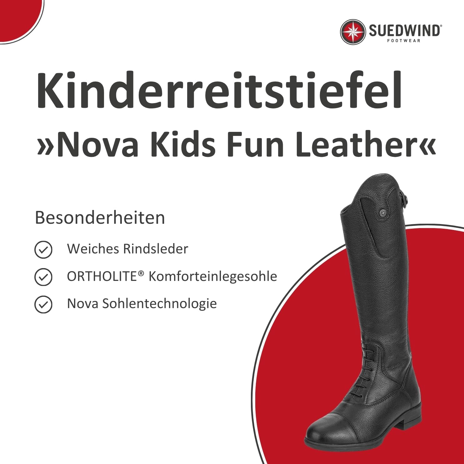 SUEDWIND FOOTWEAR Kinder-Reitstiefel aus Leder Nova Kids Fun Leather – Stiefel zum Reiten – Derby-Schnürung, Reißverschluss, Komfort-Innensohle & auswechselbare Patches – schwarz – 35-41