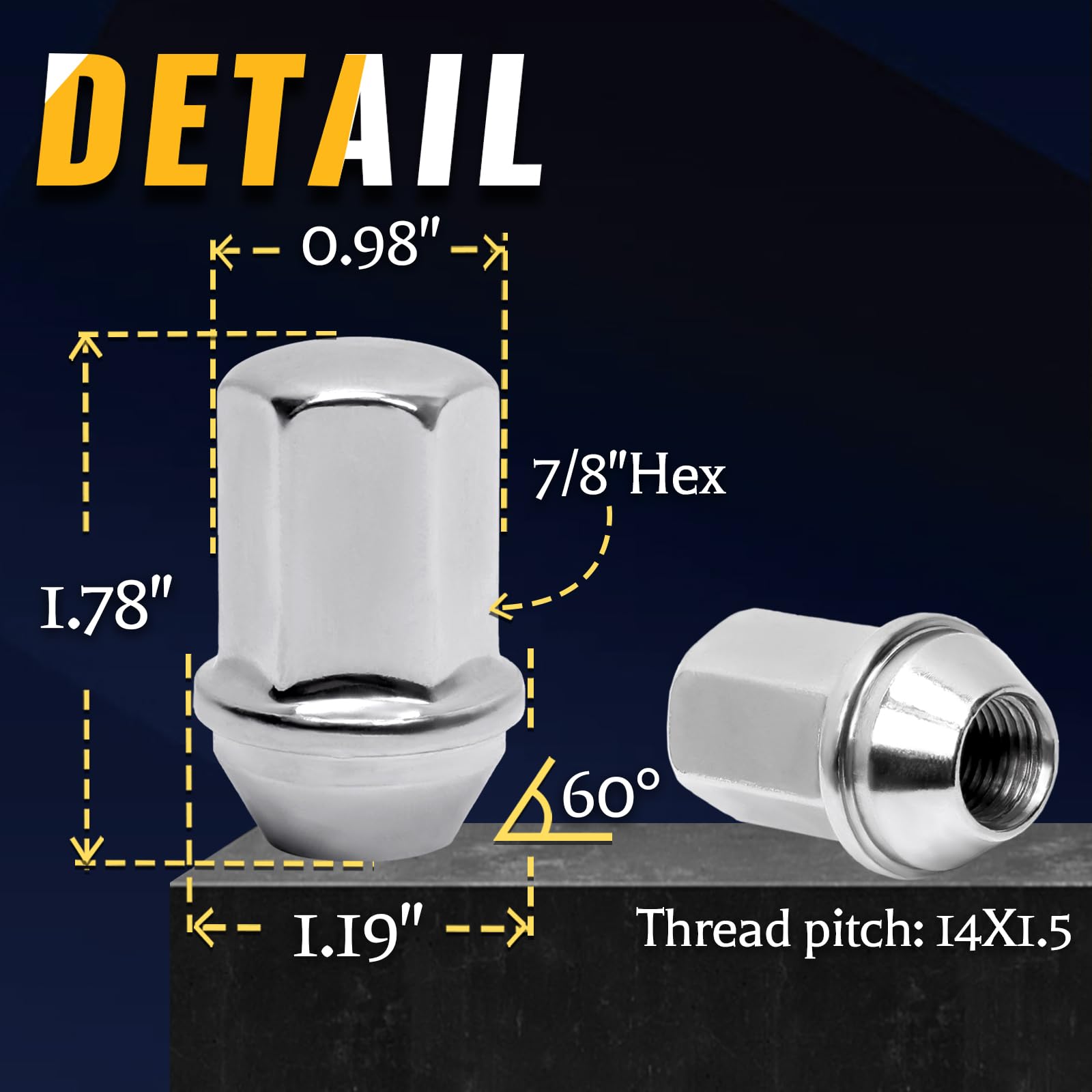 Set of 24, 14x1.5 Wheel Lug Nut Chrome 1.78’’ Tall 7/8’’ Hex 60° Cone Seat Compatible with OEM Factory Silverado Tahoe Suburban Colorado