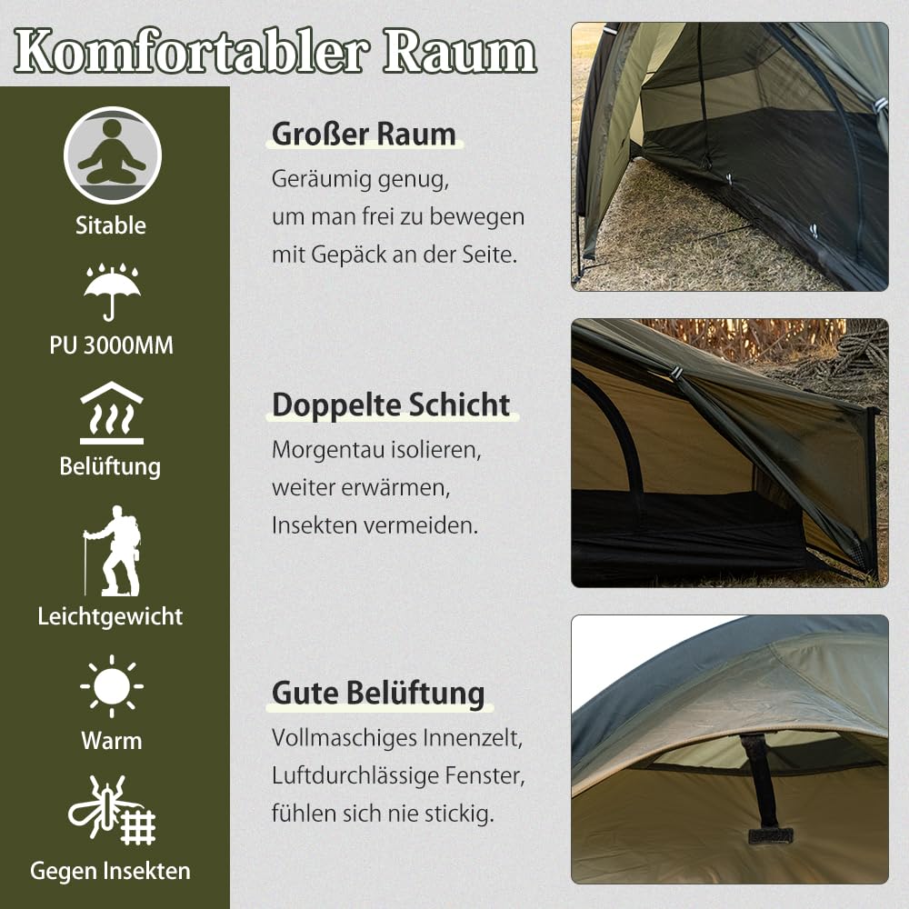 TOMOUNT Bivy Zelt Nylon Ultralight 1 Person wasserdichtes Biwaksack kleines Packmaß Trekkingzelt grün Campingzelt für Outdoor Camping Wandern Reisen und Klettern
