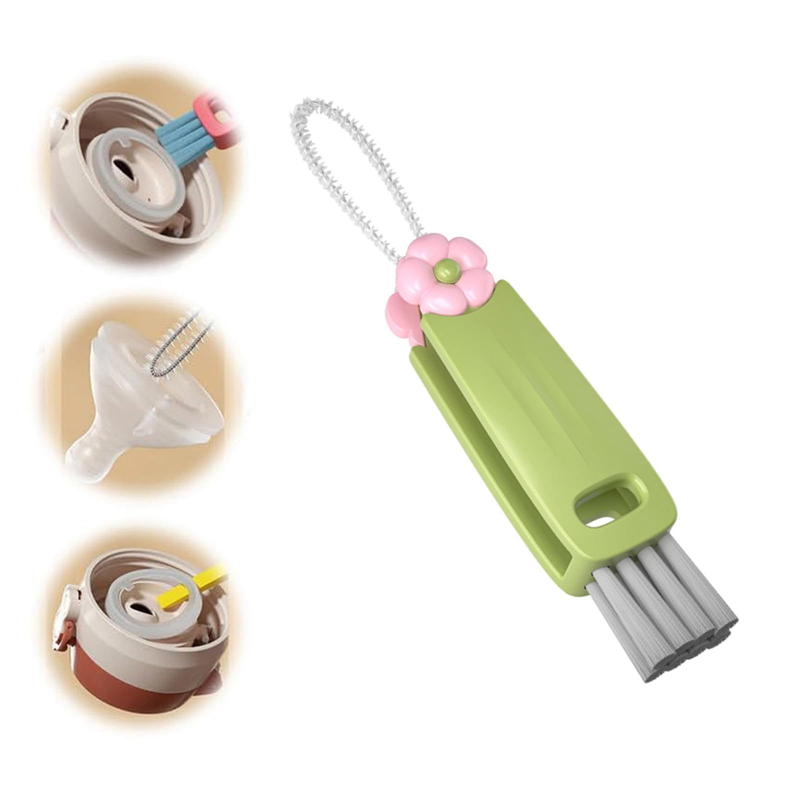 Jerpsen Green 3 In 1 Cup Lid Gap Cleaning Brush, Multifunctional Bottle Cup Lid Gap Cleaner, Home Kitchen Crevice Cleaning Brush Tools (Green)