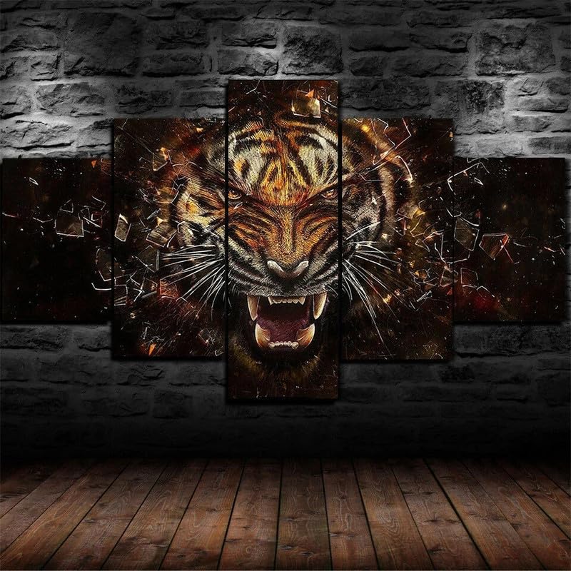 Peinture sur toile tigre féroce en 5 parties | Grand tableau xxl déco murale 100x55