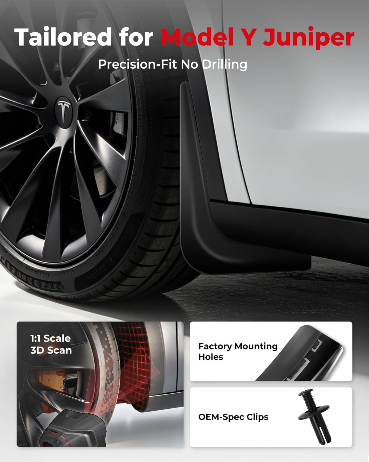 Mud Flaps for Tesla Model Y Juniper Accessories 2025 2026 Flexible TPE Won't Crack No Drill Splash Guards Mud Guards All Weather Paint Protection