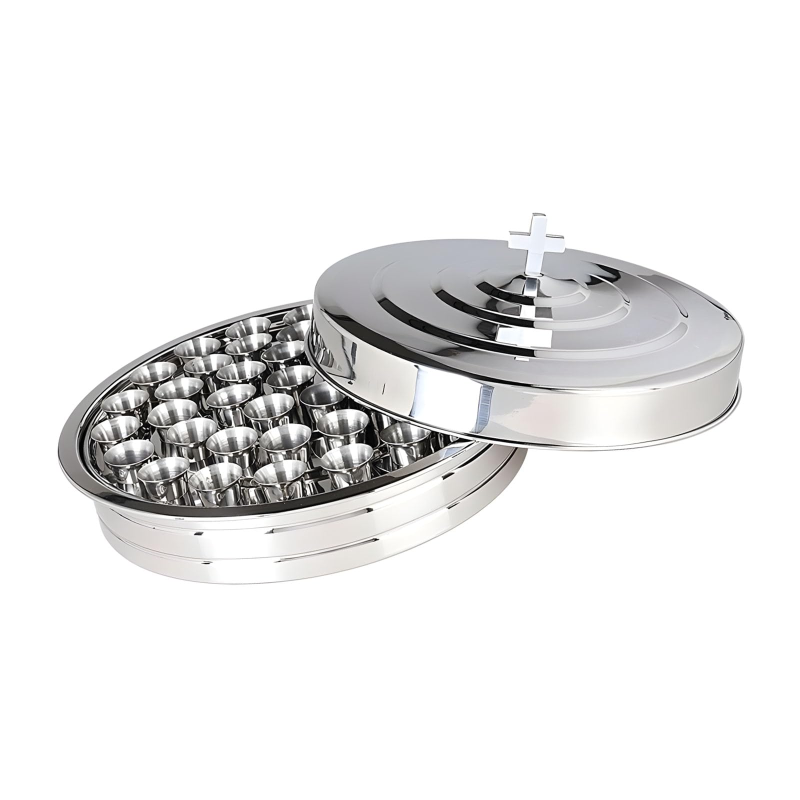 Oxxggkao Stainless Steel Round Serving Tray with 40 Communion Cups for Worship Ceremonies Sacrament Bread Tray