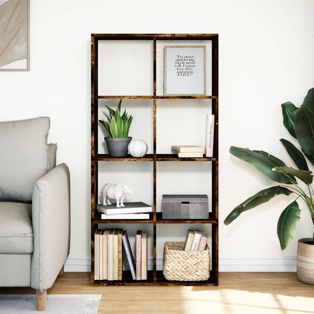 Nowoczesny regał na książki, dąb wędzony, 69,5 x 29 x 137,5 cm, z 8 półkami, uniwersalny organizer Cube do salonu, biura i sypialni