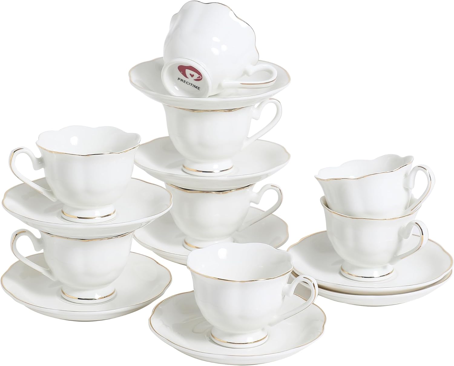 White Ceramic Tea Cup and Saucer Set of 8 (16-Piece) - 6oz Elegant Porcelain Cups with Gold Rim, 8 Cups & 8 Saucers for Tea Party