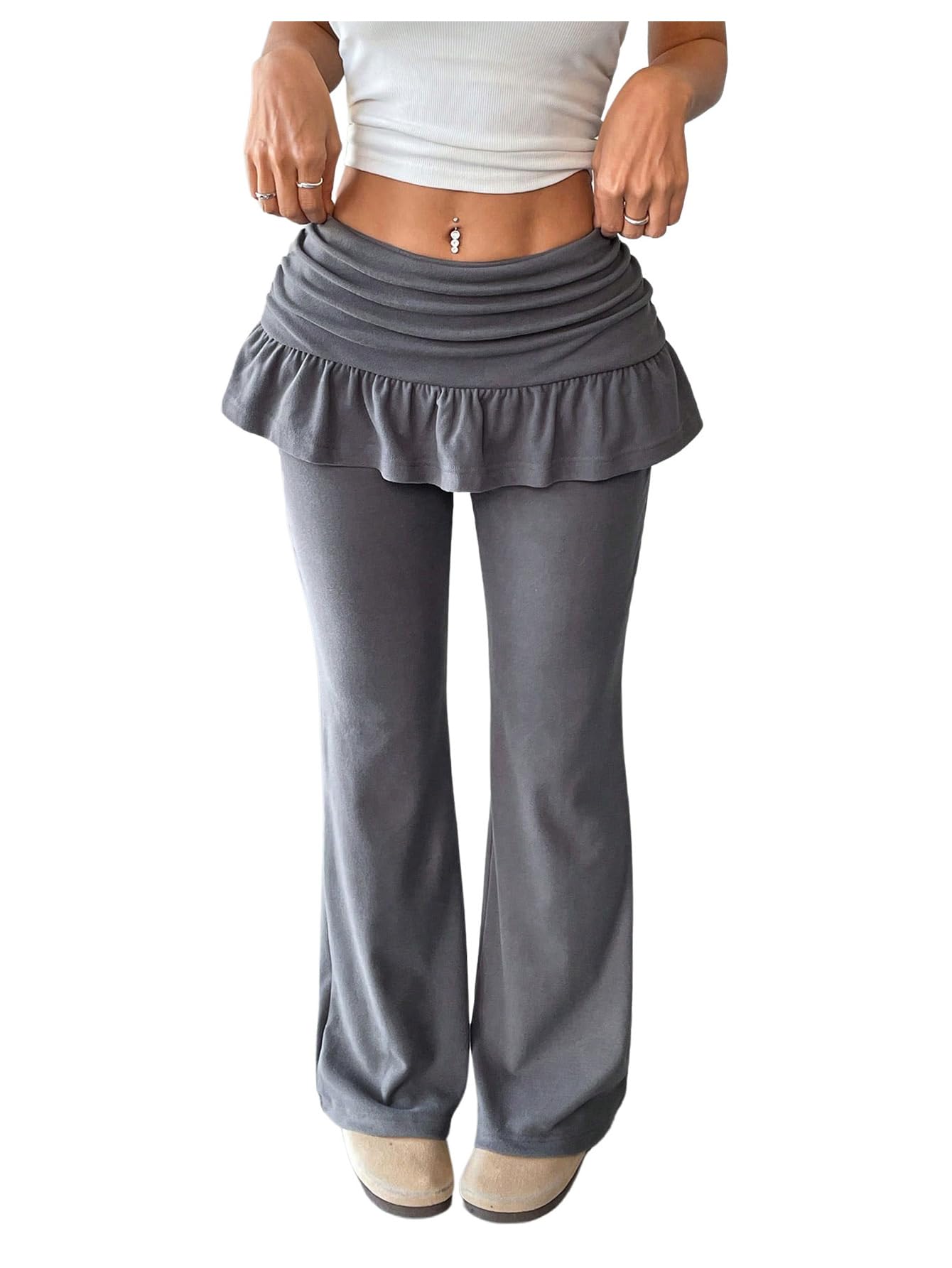 OYOANGLE Women's Elastic Low Waist Bell Bottoms Ruched Y2K Flared Pants Ruffle Skirted Leggings