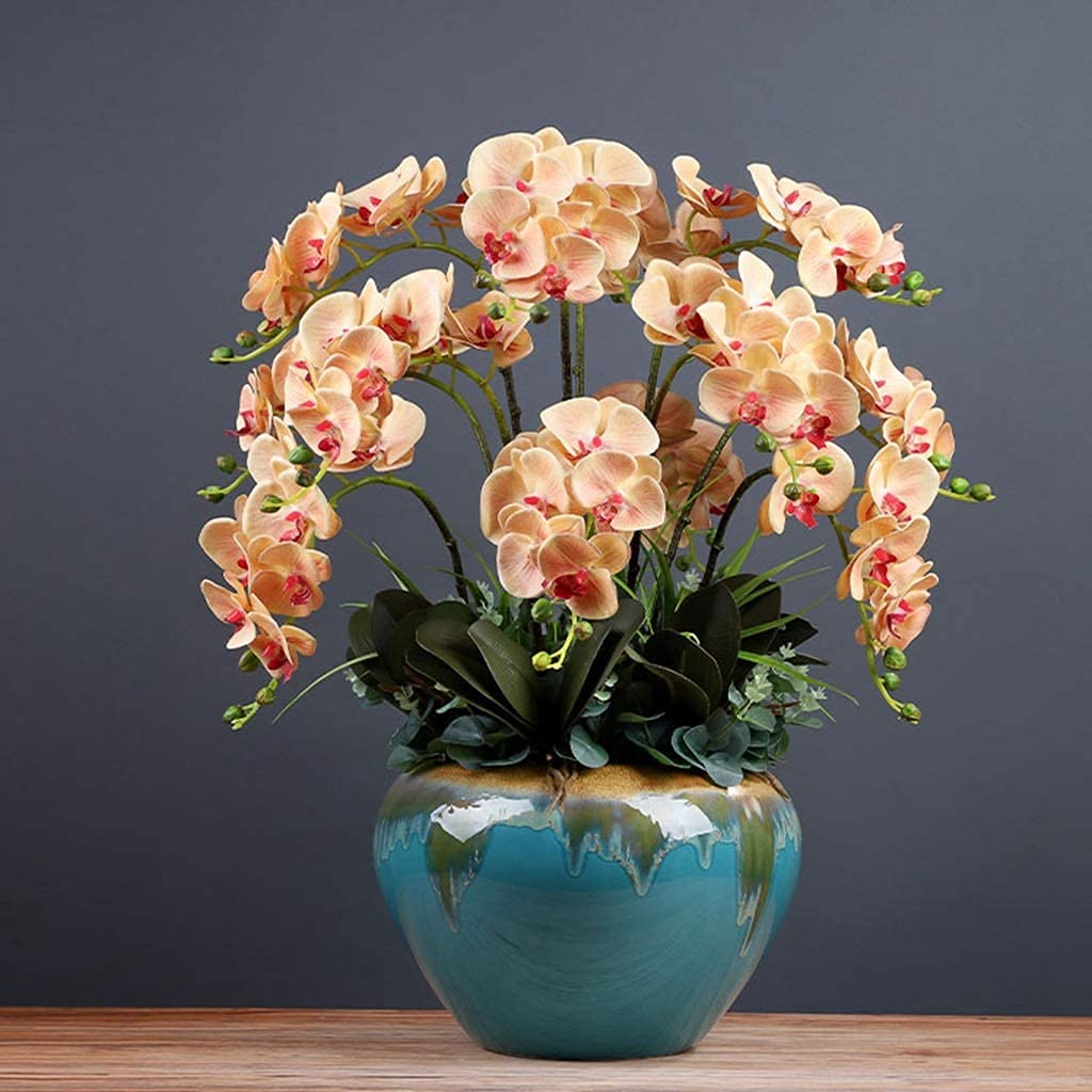XDLEDMKIZ Orchid Artificial Flowers Artificial Flowers Potted Artificial Phalaenopsis Flowers Porcelain Vase Orchids Artificial for Home Living Room Office Decor natural
