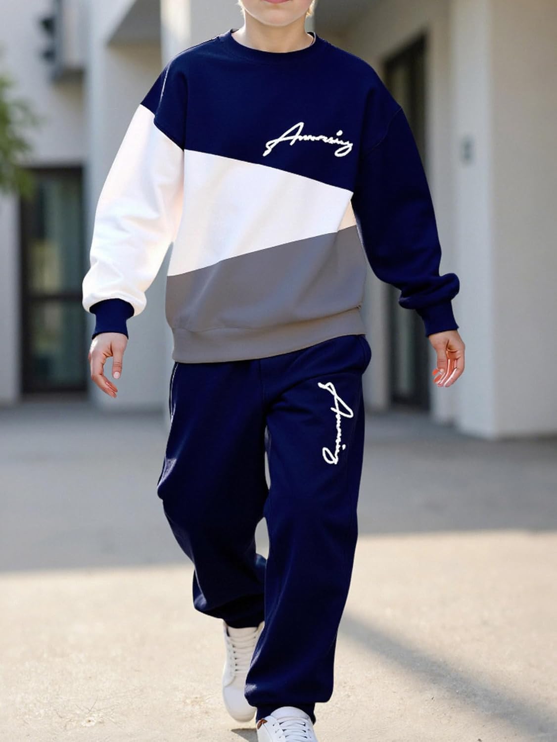 Boys Casual Color Block Sweatshirt Sets, Font Pattern Print Top and Long Pants Fall Winter Outfits for Kids 8-12T - Image 6