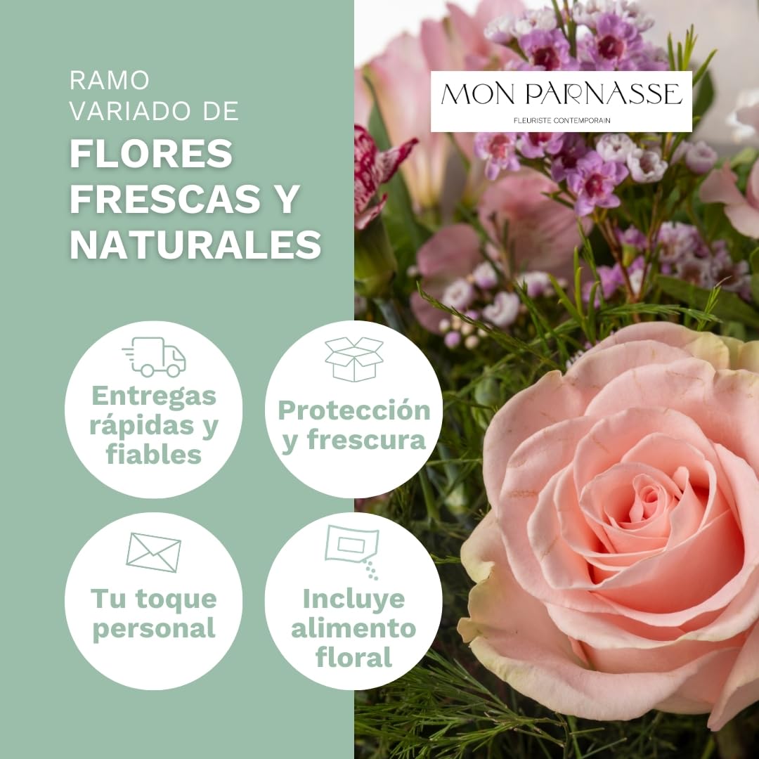 Mon Parnasse - Ramo de Flores Naturales con Dedicatoria, Incluye Tarjeta Personalizada, Set Alimento Floral, Envoltorio Elegante, Regalo, Sutileza y Aroma - Armonia