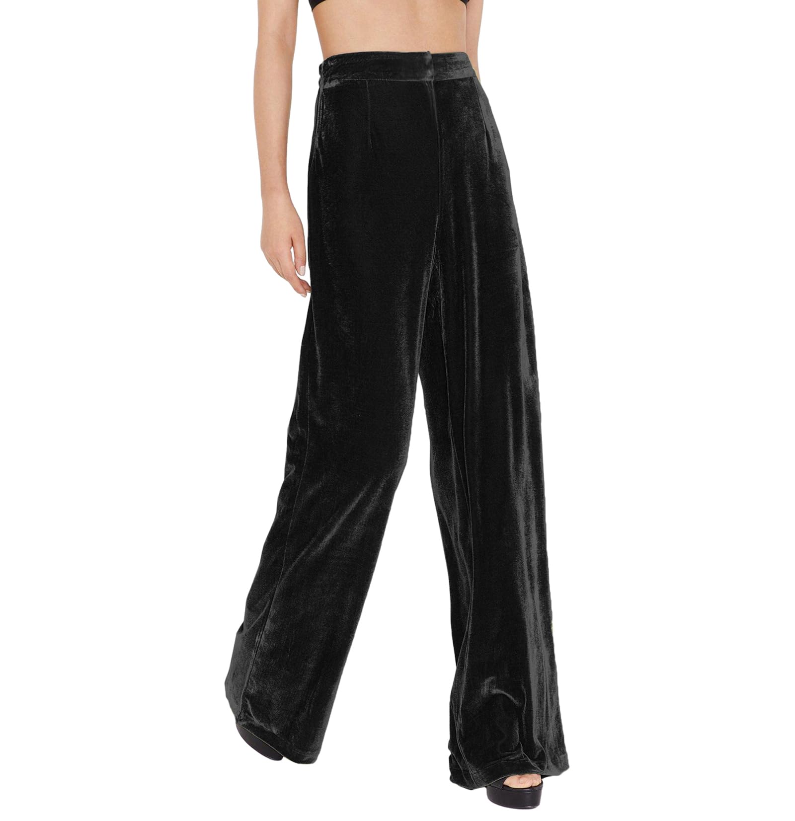 Awoscut Women Velvet Wide Leg Pants Elegant High Waist Pants Loose Palazzo Long Pants Trousers with Pockets Streetwear